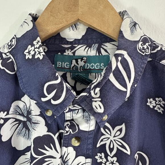 Vintage Big Dogs Hawaiian Shirt Large Blue Floral Short Sleeve Button Up Pocket - Picture 5 of 7